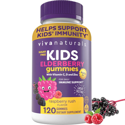 Viva Naturals Sugar-Free Sambucus Elderberry Gummies for Kids - 8-in-1 Immune Support | Vitamin C & Zinc | Vegan & Gluten-Free (120 count)