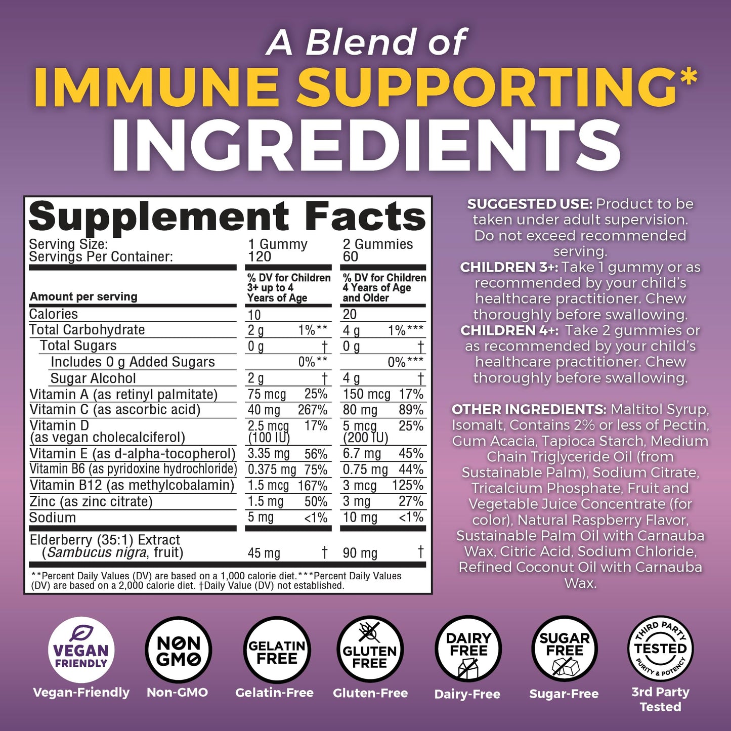 Viva Naturals Sugar-Free Sambucus Elderberry Gummies for Kids - 8-in-1 Immune Support | Vitamin C & Zinc | Vegan & Gluten-Free (120 count)