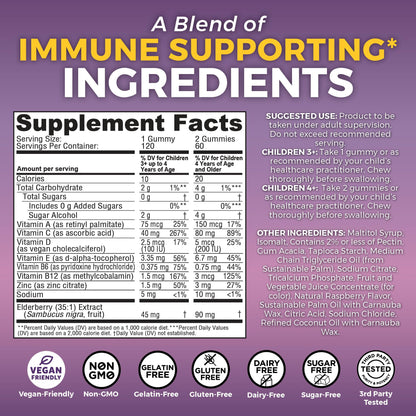 Viva Naturals Sugar-Free Sambucus Elderberry Gummies for Kids - 8-in-1 Immune Support | Vitamin C & Zinc | Vegan & Gluten-Free (120 count)