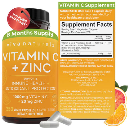 Viva Naturals Vitamin C 1000mg + Zinc 20mg – Immune Support, 250 Veggie Capsules
