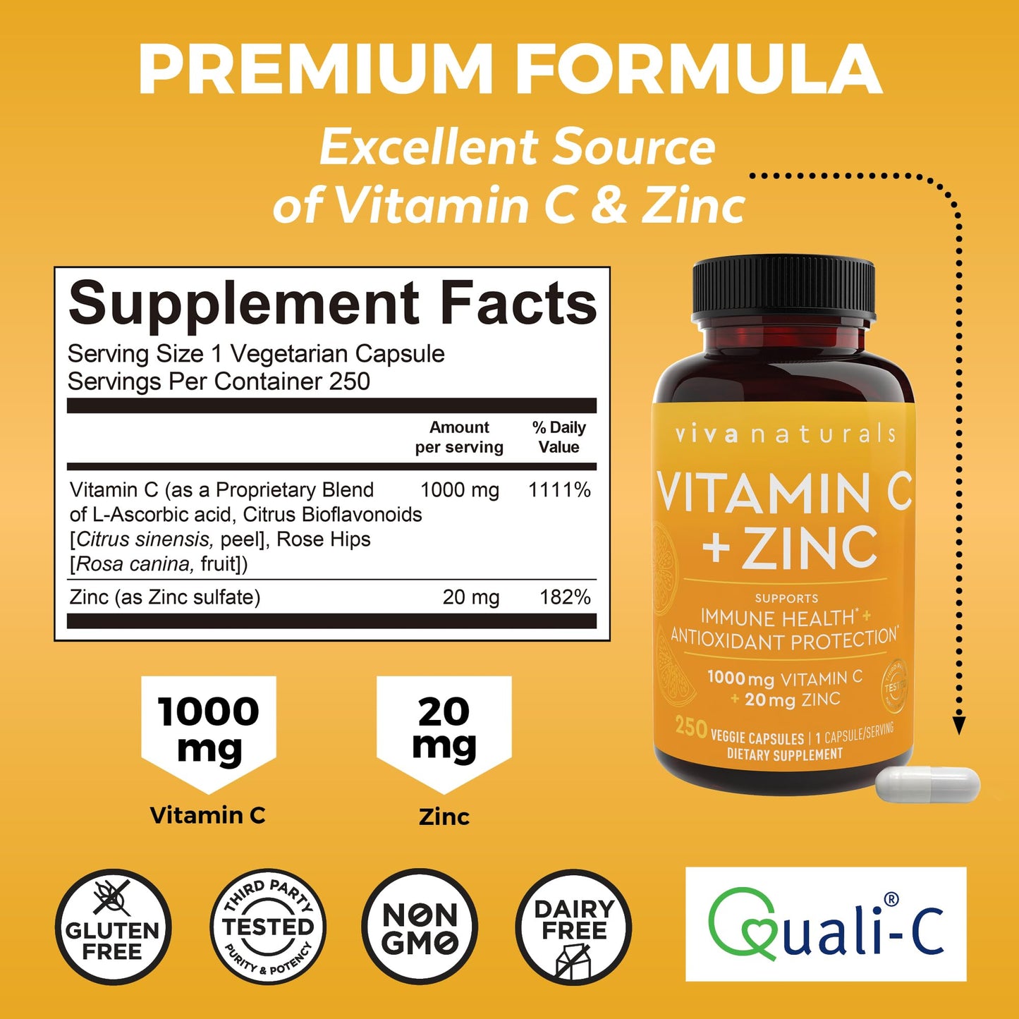 Viva Naturals Vitamin C 1000mg + Zinc 20mg – Immune Support, 250 Veggie Capsules
