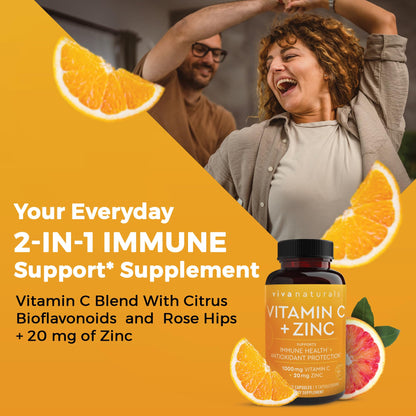 Viva Naturals Vitamin C 1000mg + Zinc 20mg – Immune Support, 250 Veggie Capsules