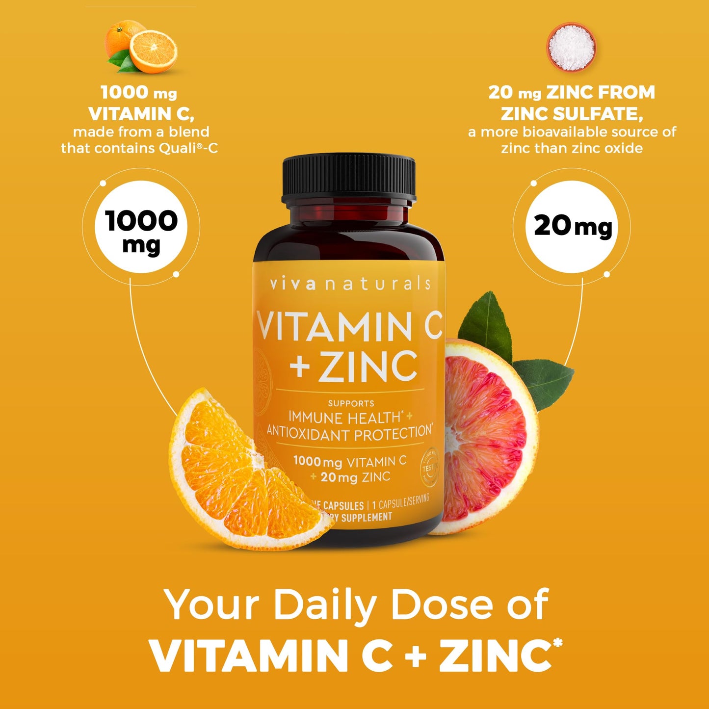 Viva Naturals Vitamin C 1000mg + Zinc 20mg – Immune Support, 250 Veggie Capsules