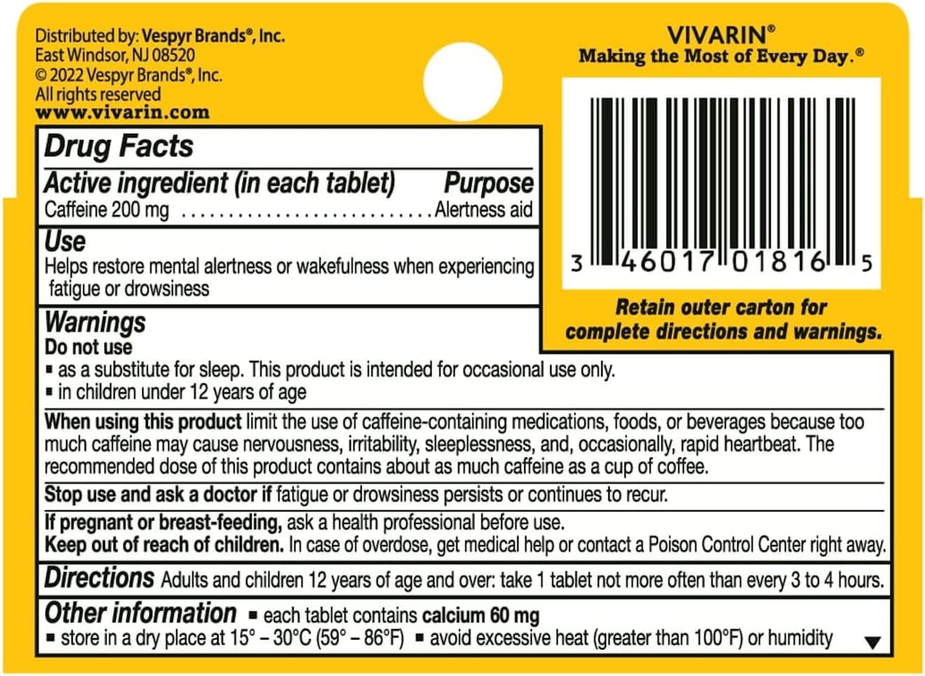 Vivarin Tabs 16ct – 200mg Caffeine Tablets (16 Count)