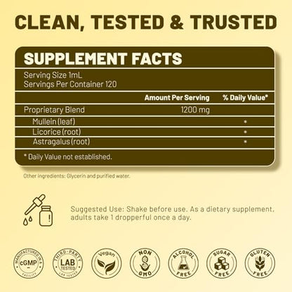 vivcmin Mullein Drops for Lungs with Licorice & Astragalus, Respiratory & Immune Support, Lung Detox for Smokers Tincture, Mullein Leaf Extract for Lung Cleanse, Sugar & Alcohol-Free, 4 fl oz