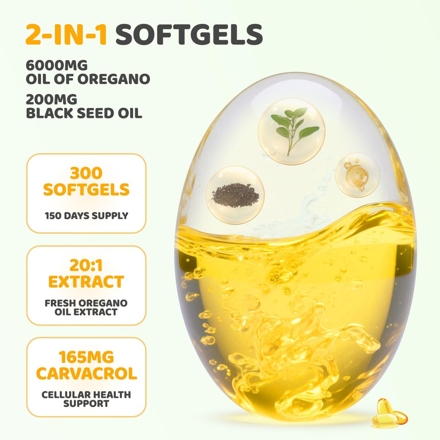 vivcmin Oregano Oil 300 Softgels – 6000mg Oregano Oil with Black Seed Oil | Immune & Digestive Support | Non-GMO | 150 Days Supply