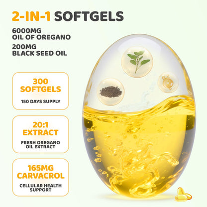 vivcmin Oregano Oil 300 Softgels – 6000mg Oregano Oil with Black Seed Oil | Immune & Digestive Support | Non-GMO | 150 Days Supply