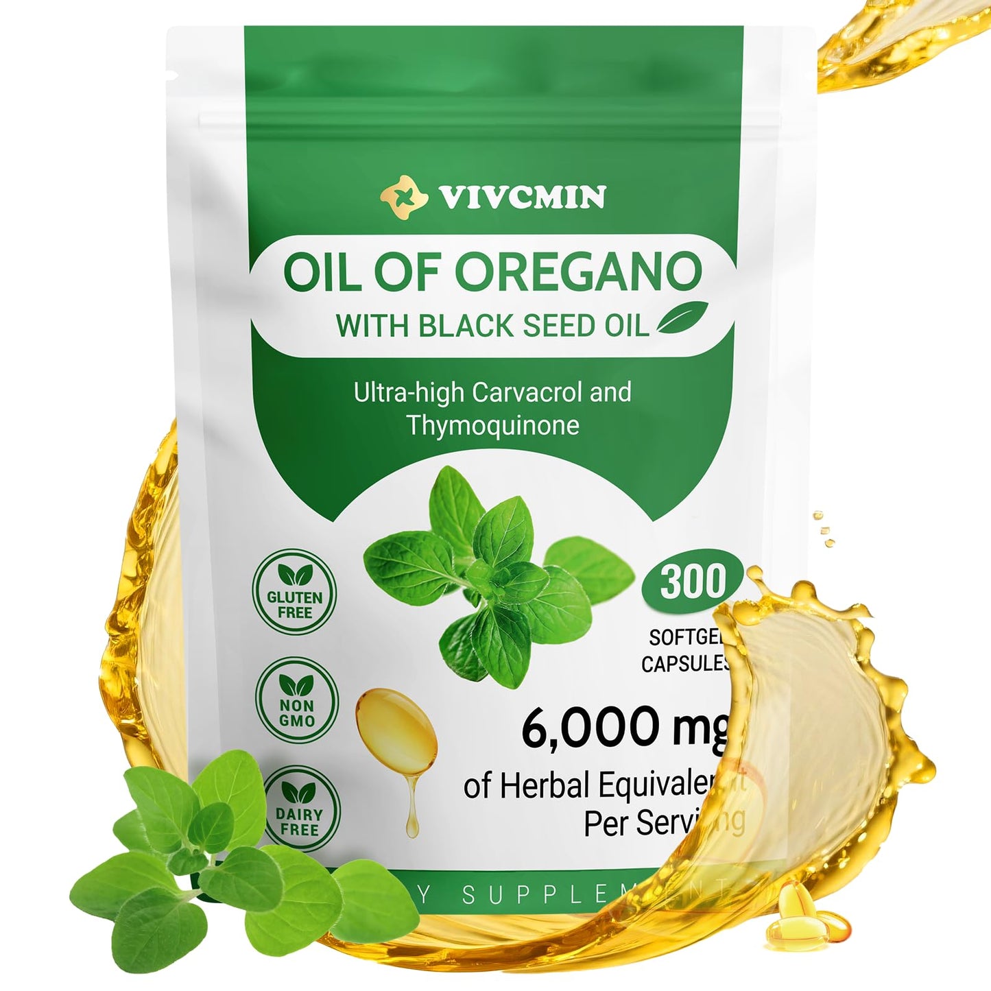 vivcmin Oregano Oil 300 Softgels – 6000mg Oregano Oil with Black Seed Oil | Immune & Digestive Support | Non-GMO | 150 Days Supply