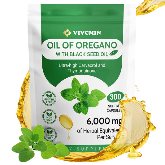 vivcmin Oregano Oil 300 Softgels – 6000mg Oregano Oil with Black Seed Oil | Immune & Digestive Support | Non-GMO | 150 Days Supply BritishVita | Premium UK Vitamins & Wellness Supplements