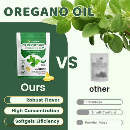 vivcmin Oregano Oil 300 Softgels – 6000mg Oregano Oil with Black Seed Oil | Immune & Digestive Support | Non-GMO | 150 Days Supply