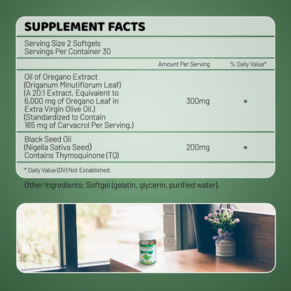 Vivcmin Oil of Oregano with Black Seed Oil - 60 Softgels | Carvacrol Immune Support