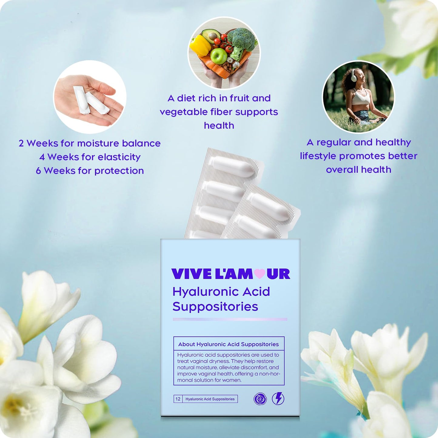 Vive L'Amour 15mg Hyaluronic Acid Vaginal Suppositories – 2-Pack, 24 Count | Continuous Hydration & Moisture