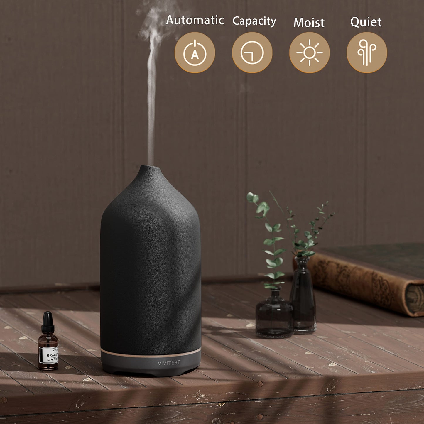 VIVITEST Diffusers for Essential Oils – Stone & Ceramic Black 250ML Home Diffuser