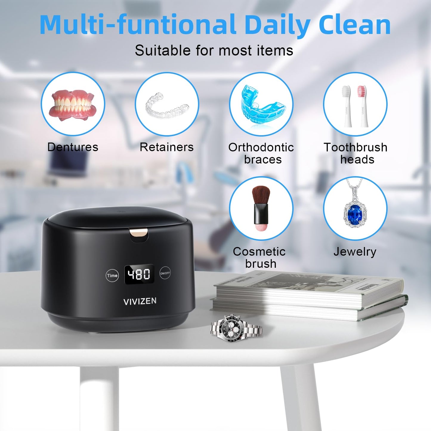 VIVIZEN Ultrasonic Retainer Cleaner – 45kHz Sonic Cleaning, 30W, Portable