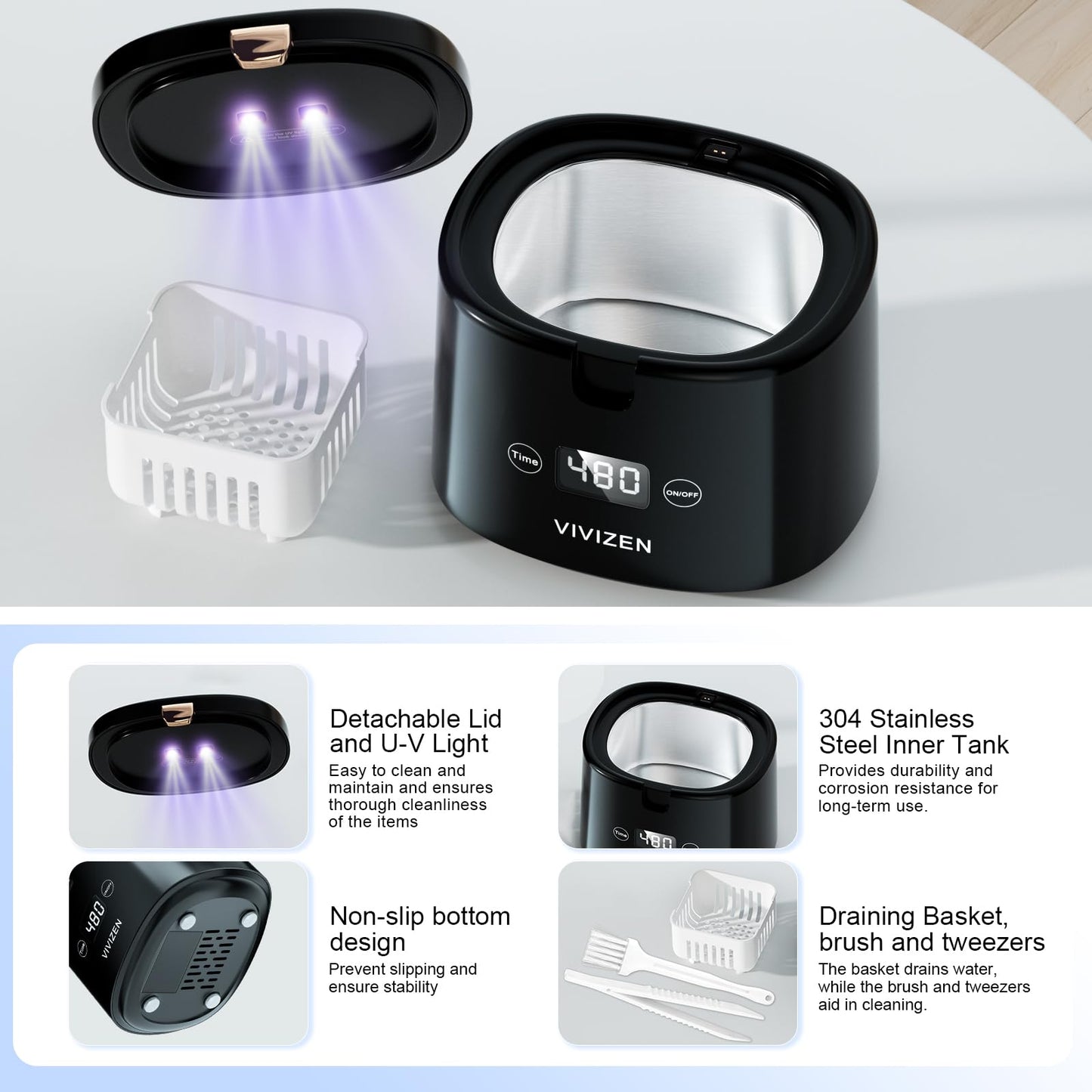 VIVIZEN Ultrasonic Retainer Cleaner – 45kHz Sonic Cleaning, 30W, Portable
