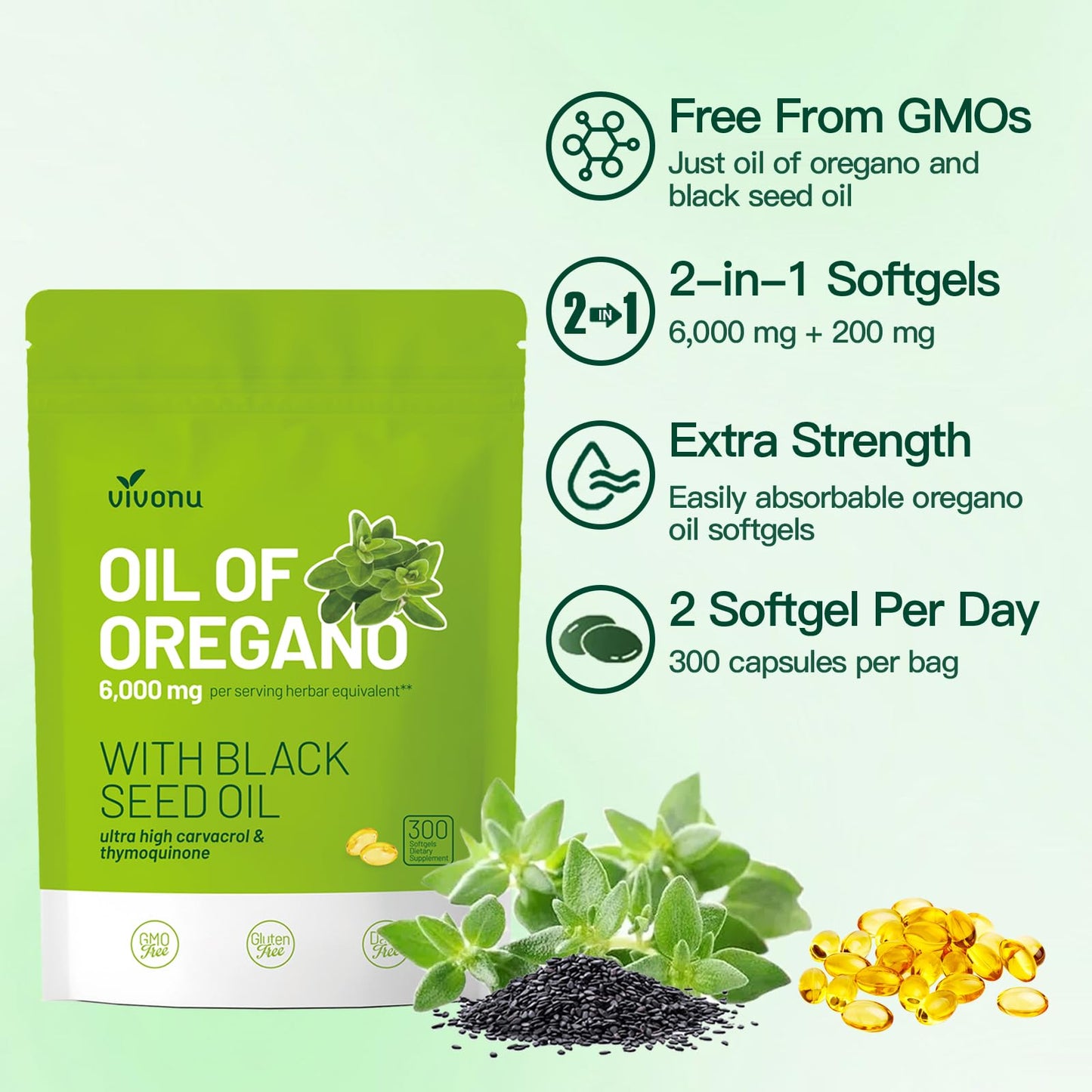 VivoNu Oil of Oregano with Black Seed Oil – Balanced Oregano Capsules (Non-GMO)