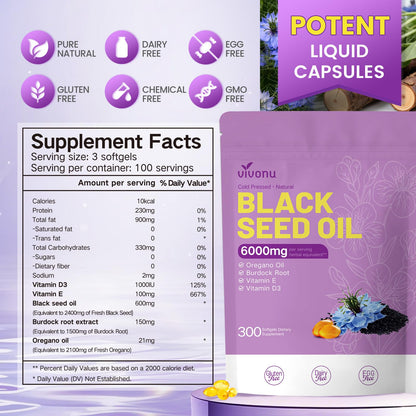 VivoNu Black Seed Oil Capsules – 6000mg, 300 Count | 9-in-1 Immune Support