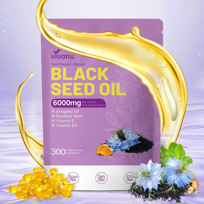 VivoNu Black Seed Oil Capsules – 6000mg, 300 Count | 9-in-1 Immune Support