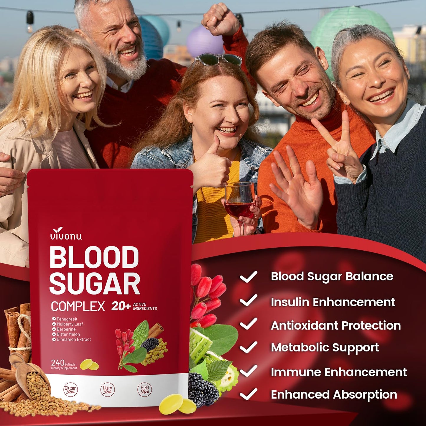 VivoNu Blood Sugar Complex – Advanced 20-Herb Formula with Cinnamon & Turmeric | Vegan, Non-GMO, Gluten-Free (240 Softgels)