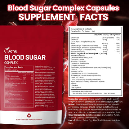VivoNu Blood Sugar Complex – Advanced 20-Herb Formula with Cinnamon & Turmeric | Vegan, Non-GMO, Gluten-Free (240 Softgels)