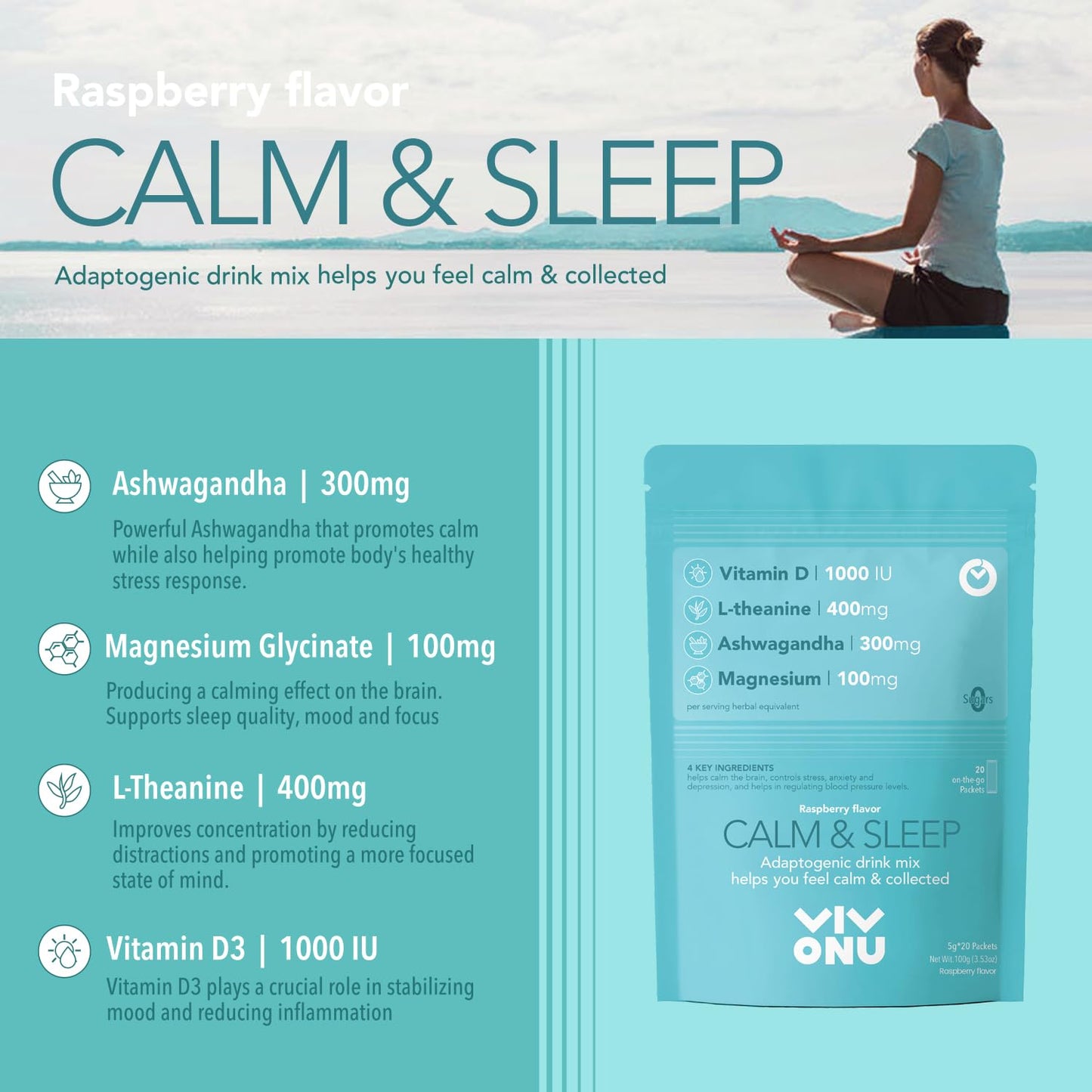 VivoNu Calm & Sleep Raspberry Powdered Drink Mix – L-Theanine, KSM-66 Ashwagandha, Magnesium Glycinate, Vitamin D3 | No Sugar, Non-GMO, 20pcs