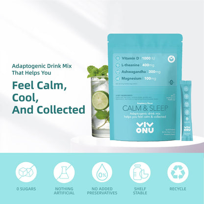 VivoNu Calm & Sleep Raspberry Powdered Drink Mix – L-Theanine, KSM-66 Ashwagandha, Magnesium Glycinate, Vitamin D3 | No Sugar, Non-GMO, 20pcs