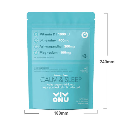 VivoNu Calm & Sleep Raspberry Powdered Drink Mix – L-Theanine, KSM-66 Ashwagandha, Magnesium Glycinate, Vitamin D3 | No Sugar, Non-GMO, 20pcs