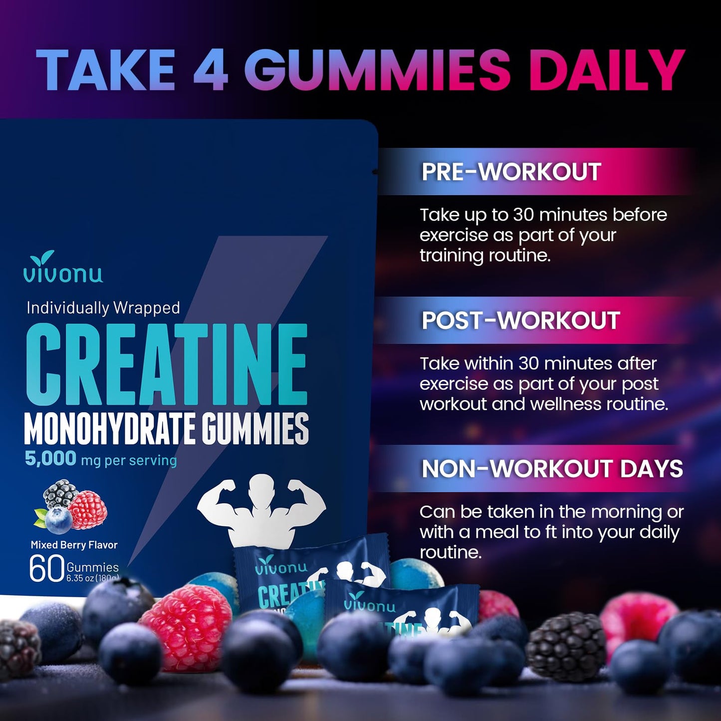 VivoNu Creatine Gummies – 5000mg Creatine Monohydrate Per Serving