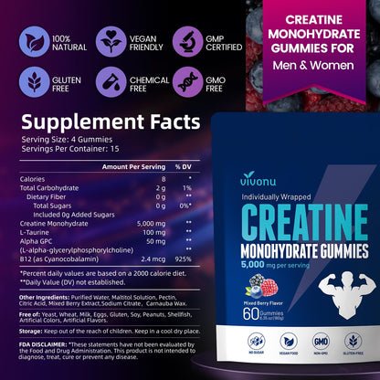 VivoNu Creatine Gummies – 5000mg Creatine Monohydrate Per Serving