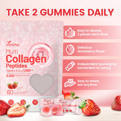 VivoNu Multi Collagen Gummies – Sugar-Free, 5-Type Collagen I II III V X + Biotin & B Vitamins