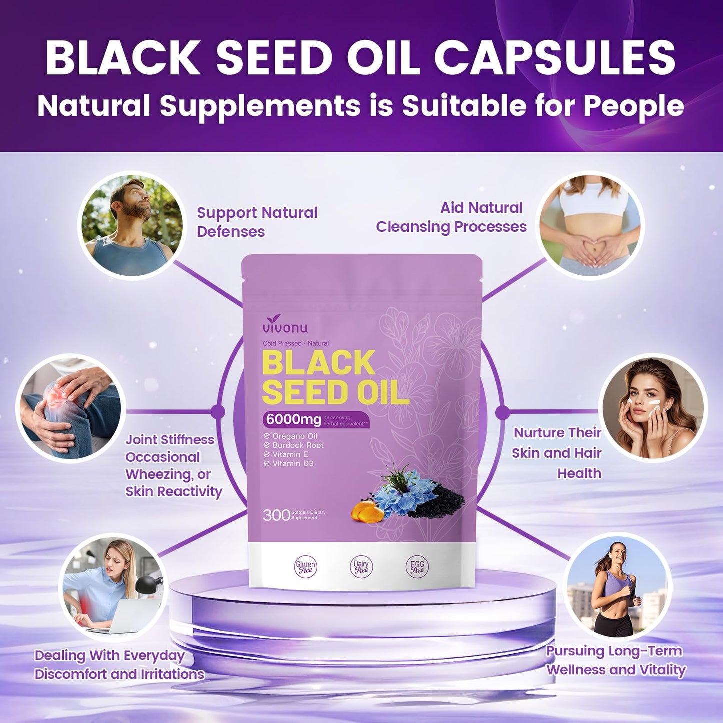 VivoNu Black Seed Oil Capsules – 6000mg, 300 Count | 9-in-1 Immune Support