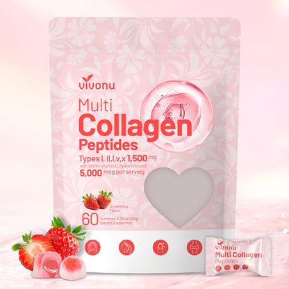 VivoNu Multi Collagen Gummies – Sugar-Free, 5-Type Collagen I II III V X + Biotin & B Vitamins