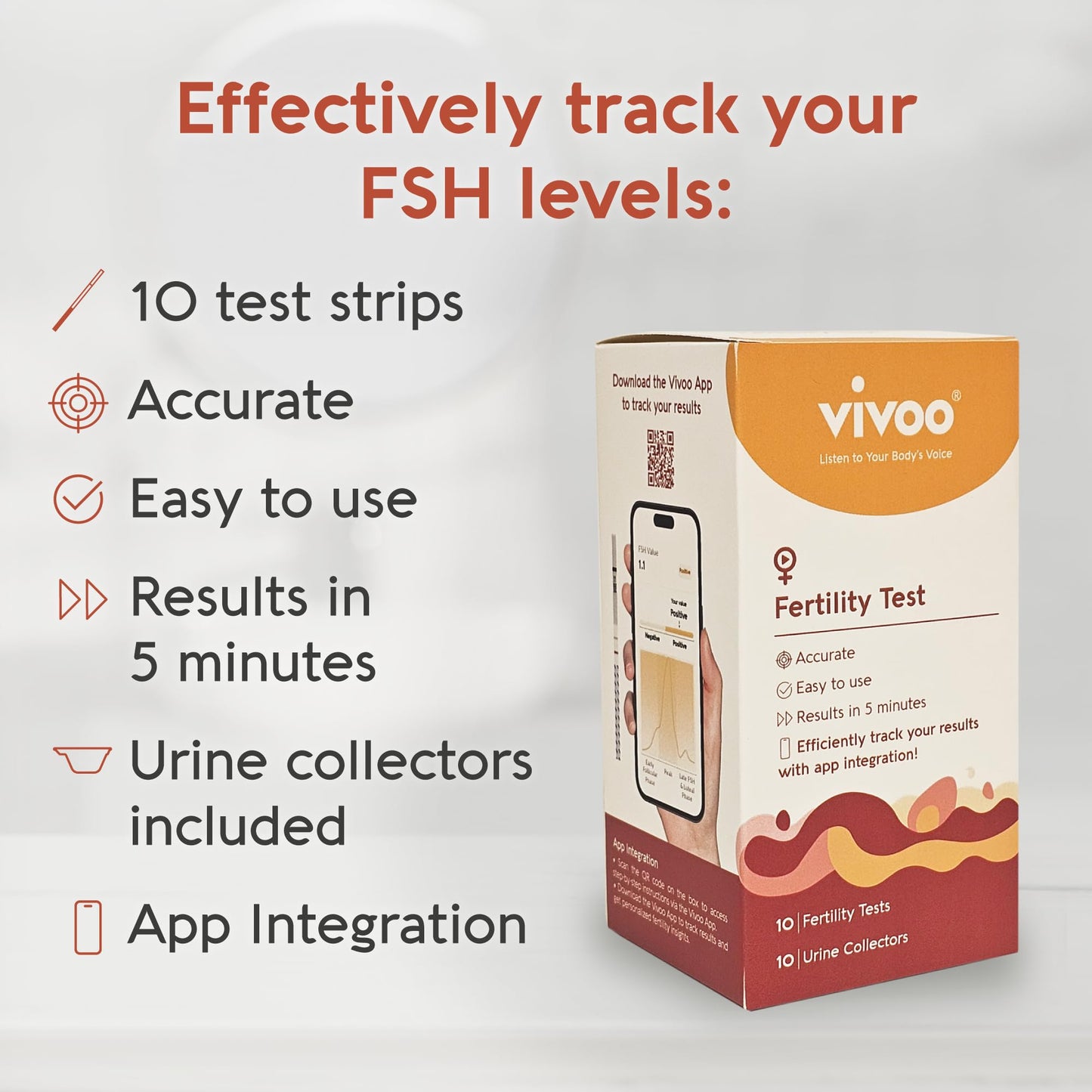 Vivoo Fertility Test – At-Home FSH Kit with 10 Strips & 10 Urine Collectors