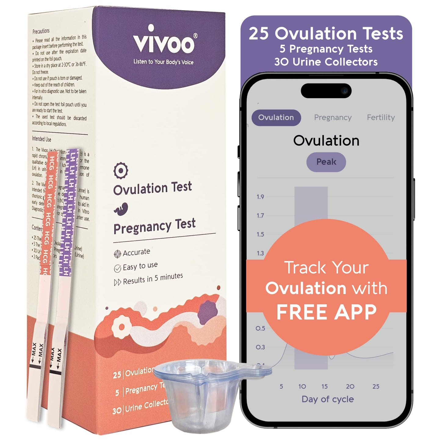 Vivoo Ovulation Test & Predictor Kit – Track Your Cycle with LH & HCG Tests | 25 LH Tests, 5 HCG Tests, 30 Cups