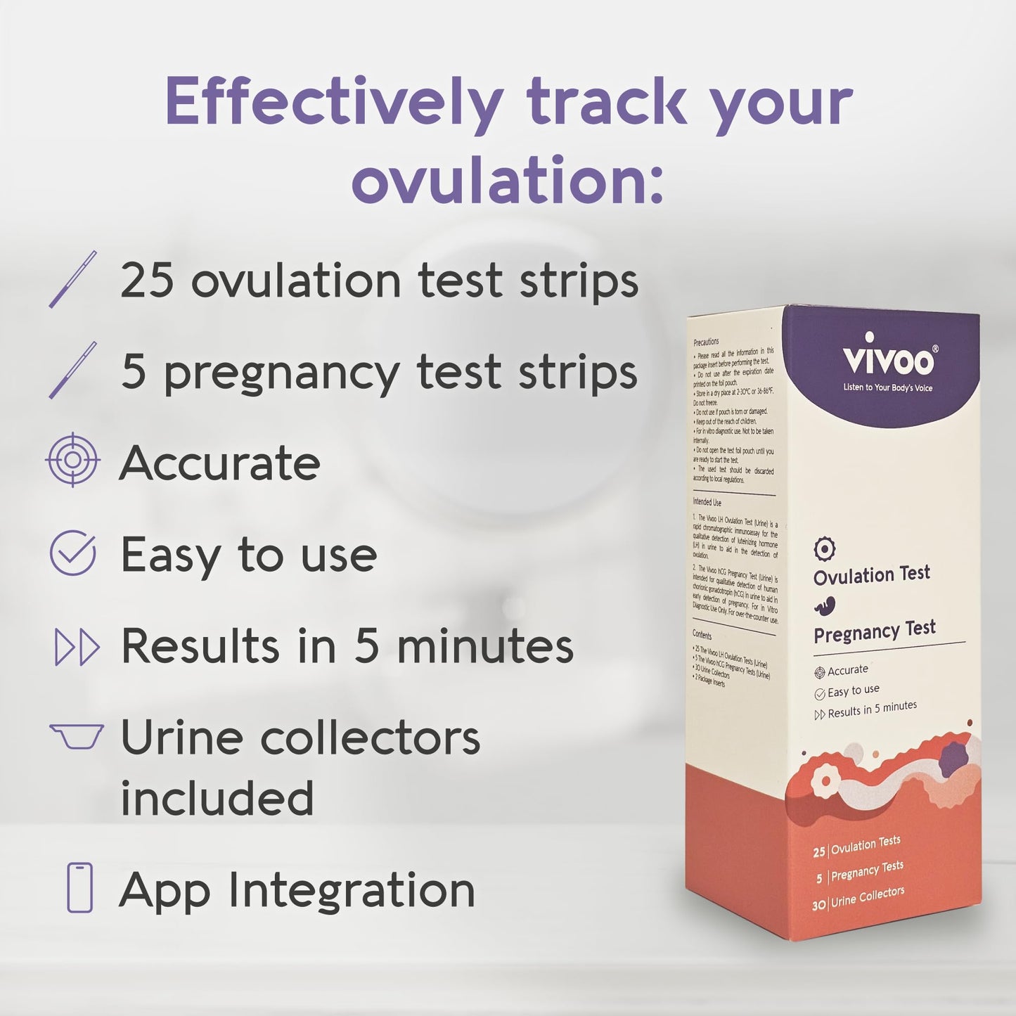 Vivoo Ovulation Test & Predictor Kit – Track Your Cycle with LH & HCG Tests | 25 LH Tests, 5 HCG Tests, 30 Cups