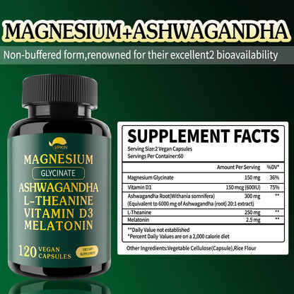 VPKIN Magnesium Ashwagandha 5-in-1 Supplement | Magnesium Glycinate, L-Theanine, Melatonin & Vitamin D3 | Gluten Free, 120 Capsules