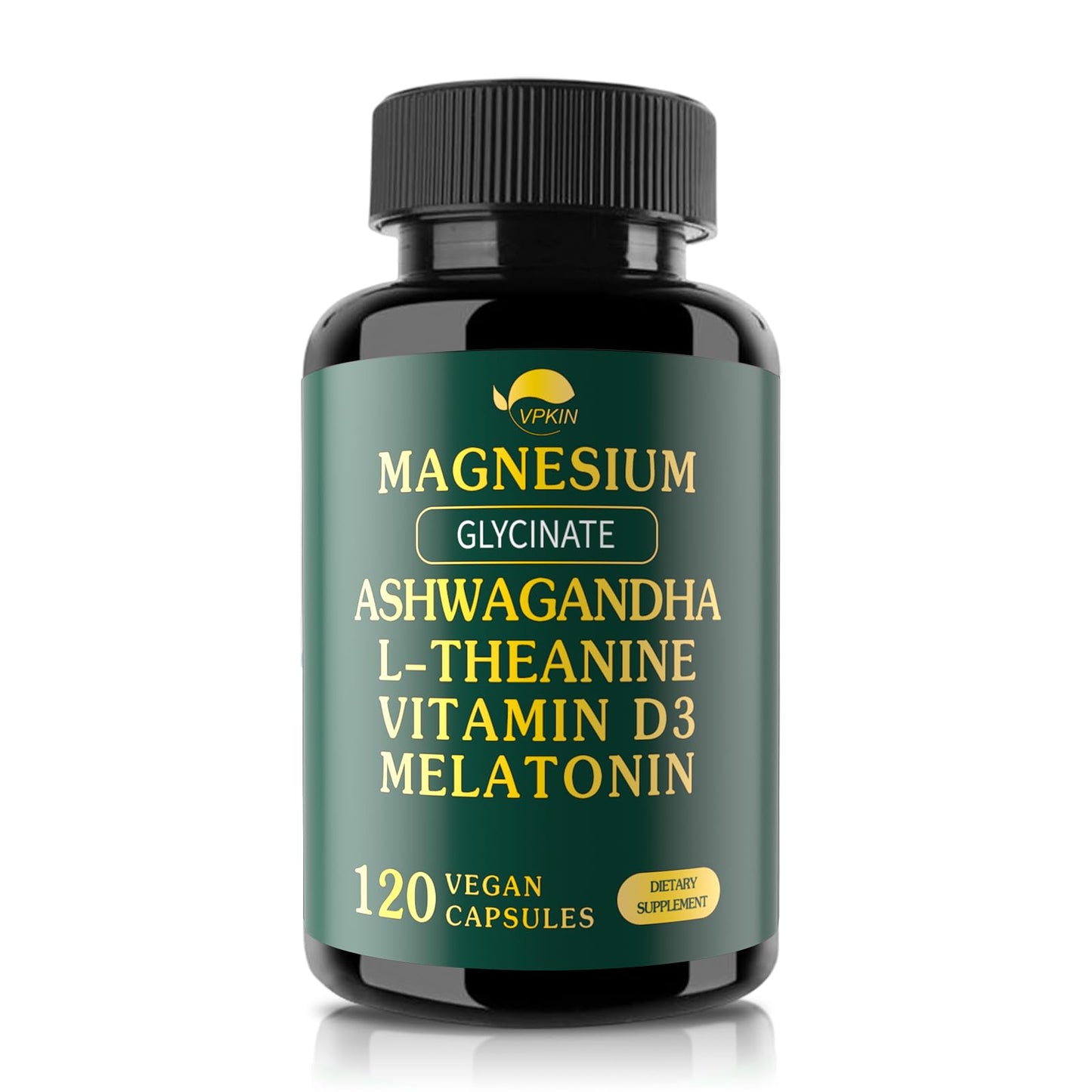 VPKIN Magnesium Ashwagandha 5-in-1 Supplement | Magnesium Glycinate, L-Theanine, Melatonin & Vitamin D3 | Gluten Free, 120 Capsules