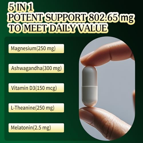 VPKIN Magnesium Ashwagandha 5-in-1 Supplement | Magnesium Glycinate, L-Theanine, Melatonin & Vitamin D3 | Gluten Free, 120 Capsules