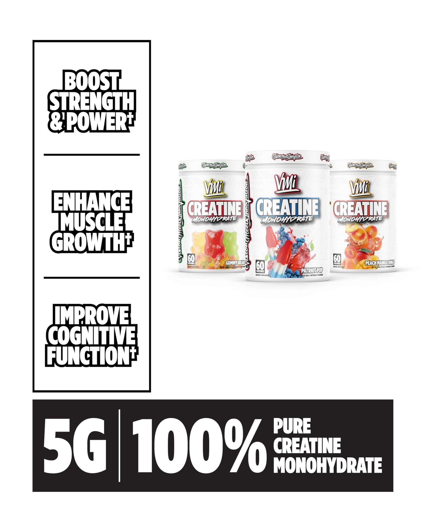 VMI Sports Creatine Monohydrate Powder – 5 g per Serving, 60 Servings, Patriot Pop