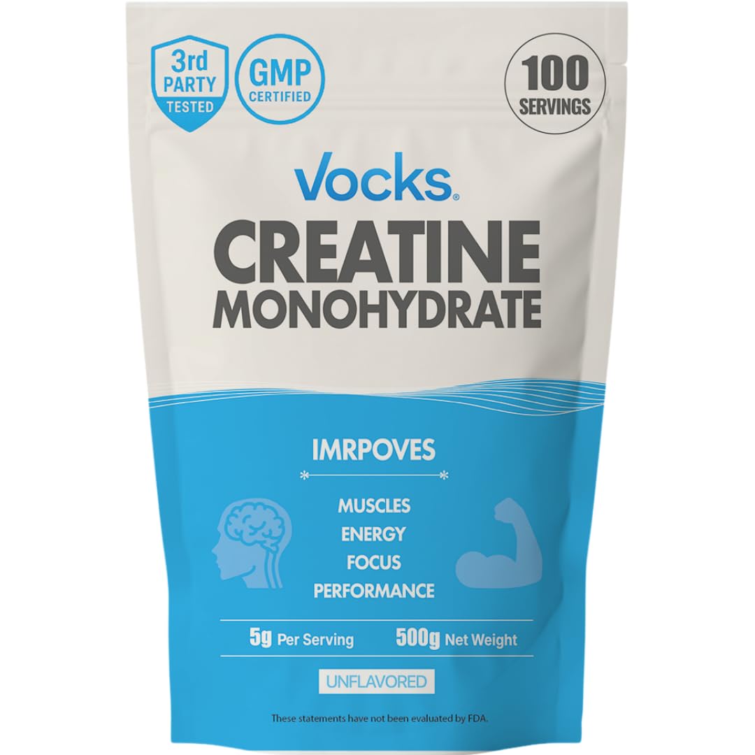Vocks Creatine Monohydrate Powder - Micronized, Unflavored, Gluten Free, 500g