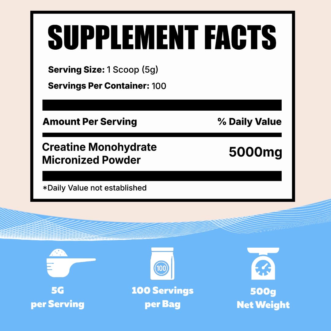 Vocks Creatine Monohydrate Powder - Micronized, Unflavored, Gluten Free, 500g