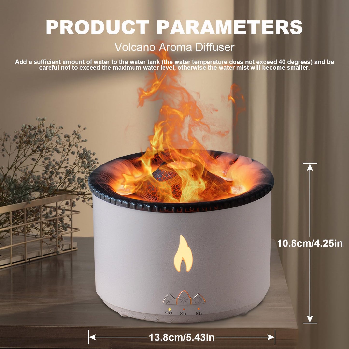 Volcano Flame Diffuser & Humidifier 300ml Ultrasonic 2-in-1 with Timer