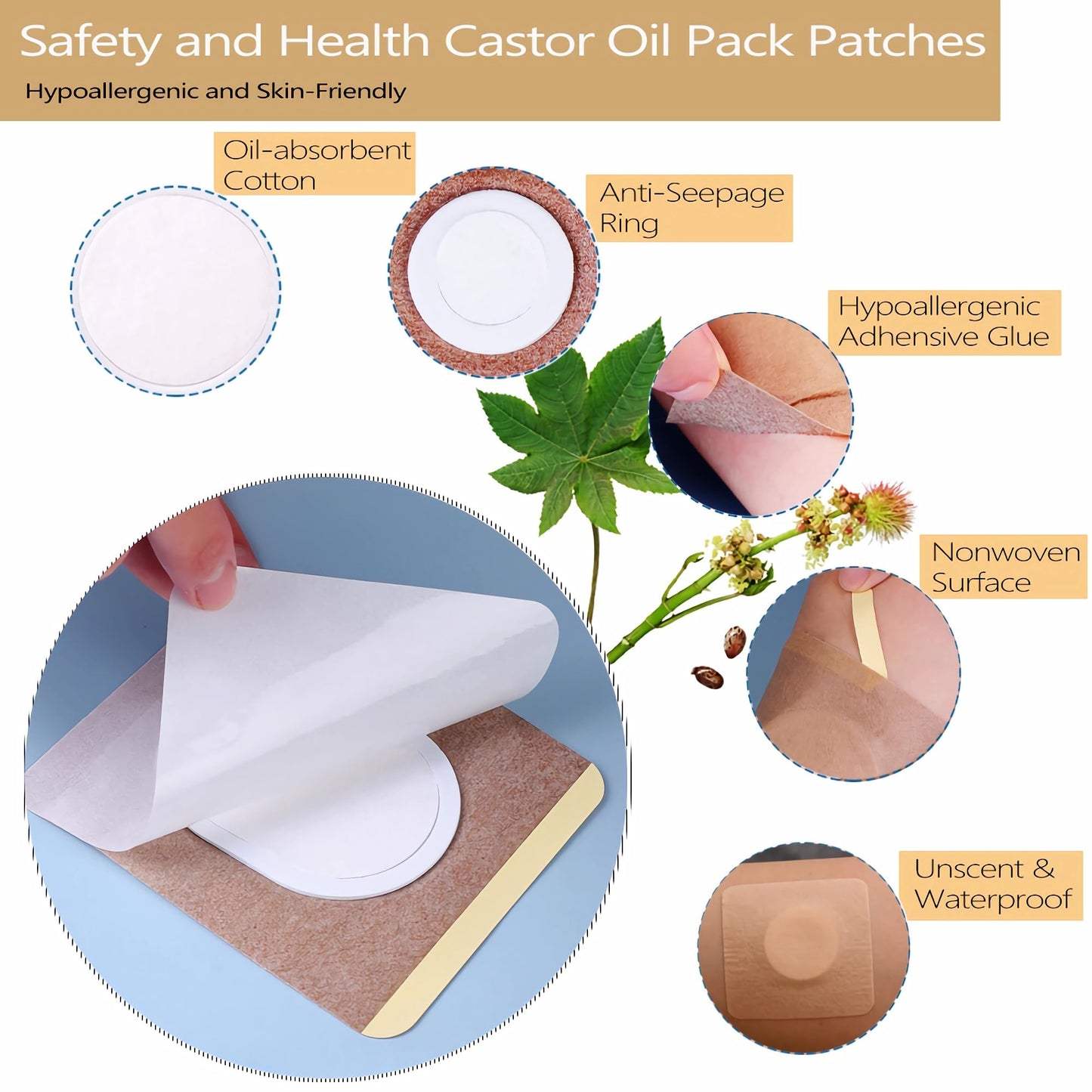 VonTeok 12Pcs Hypoallergenic Castor Oil Pack Wrap – Belly Button, 3.2 x 3.2 in, Disposable & Self-Adhesive