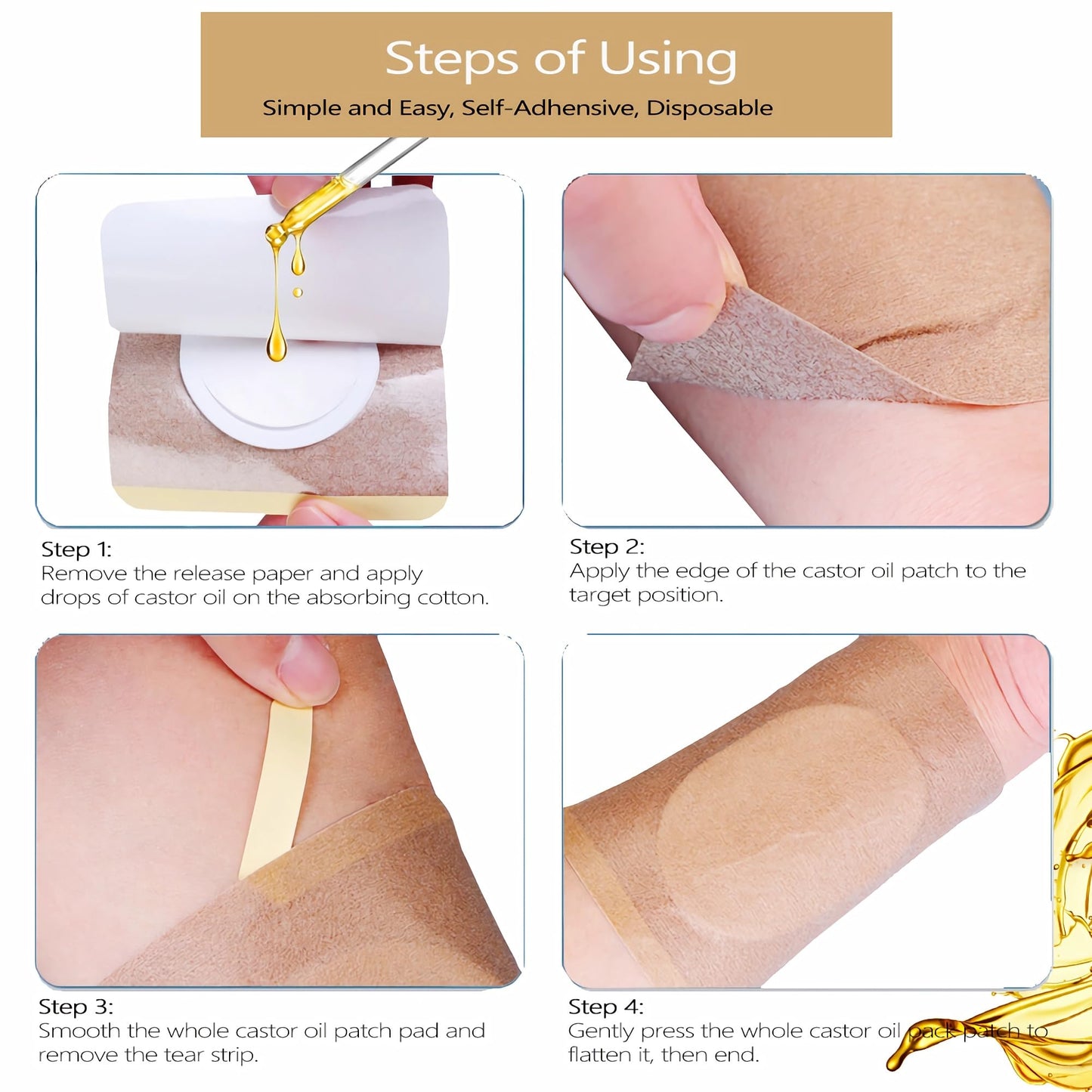VonTeok 12Pcs Hypoallergenic Castor Oil Pack Wrap – Belly Button, 3.2 x 3.2 in, Disposable & Self-Adhesive