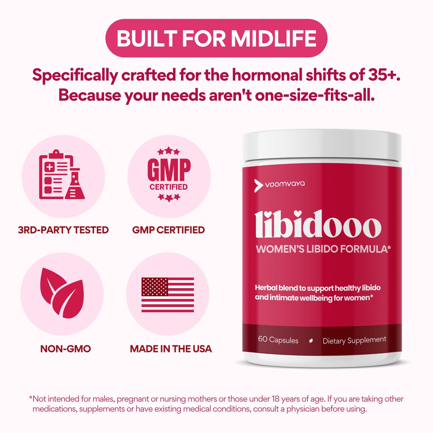 VoomVaya Libidooo – Libido Booster for Women 35+ | Mood, Energy & Confidence | 60 Capsules | 3rd-Party Tested