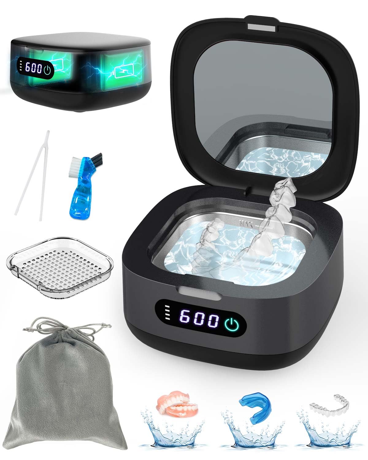 Voraiya 2025 Rechargeable Ultrasonic Retainer Cleaner – Portable 52kHz, 166ml Cleaning Pod