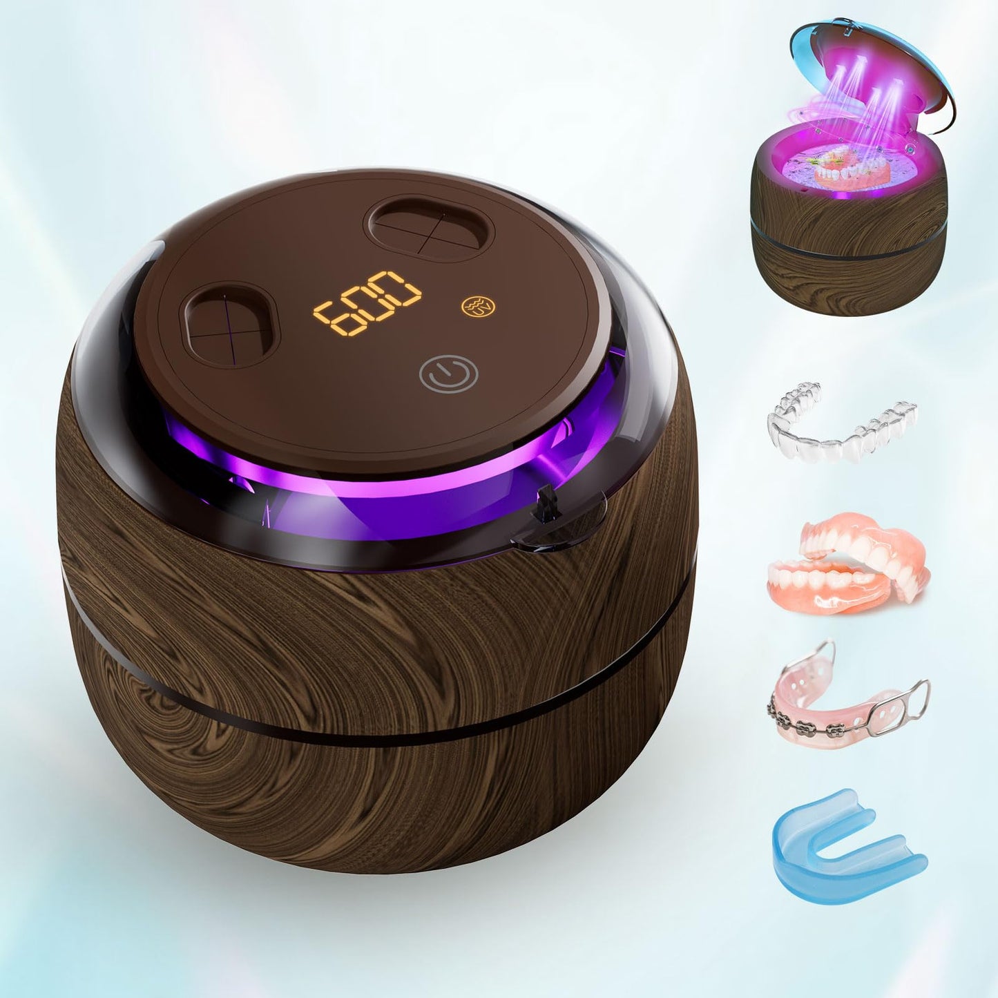 Voraiya Dental Ultrasonic Retainer Cleaner Machine — 45kHz Denture Cleaning Pod, 4 Modes, Digital Timer