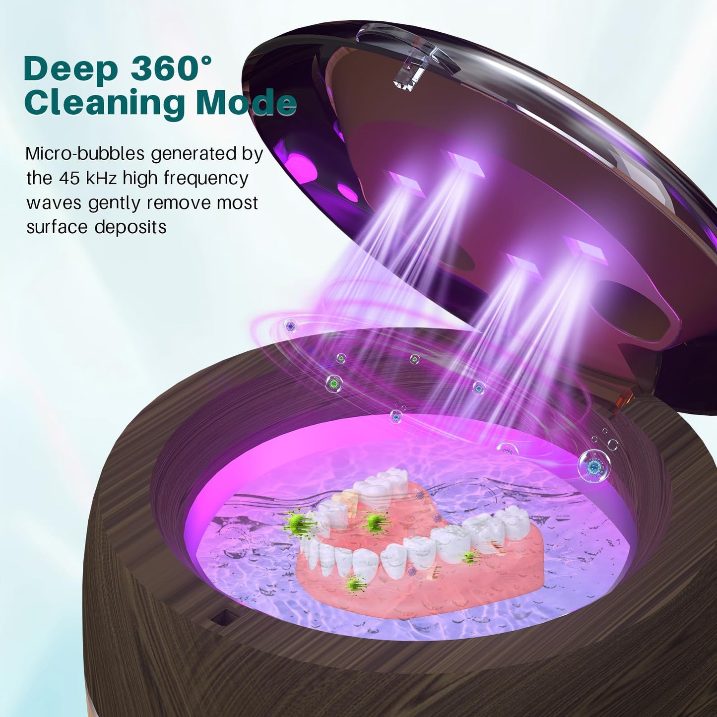 Voraiya Dental Ultrasonic Retainer Cleaner Machine — 45kHz Denture Cleaning Pod, 4 Modes, Digital Timer