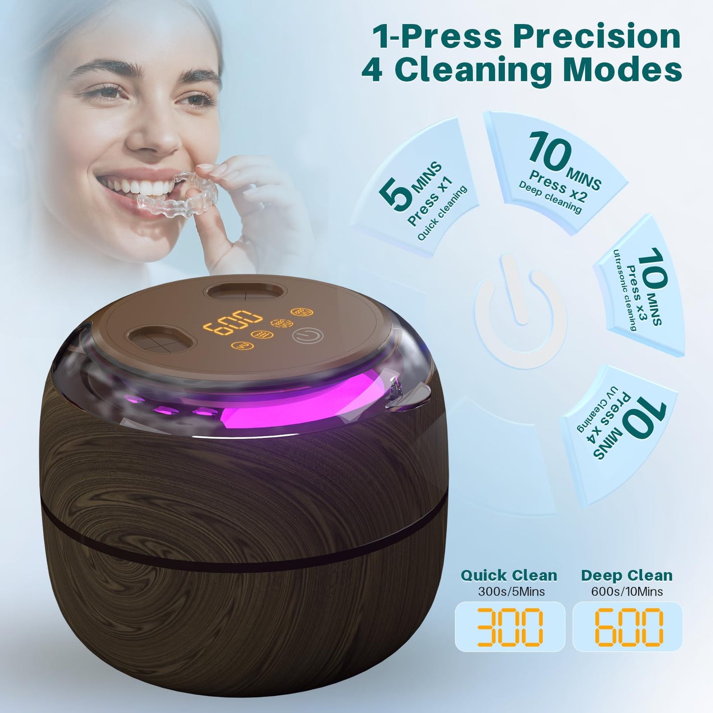 Voraiya Dental Ultrasonic Retainer Cleaner Machine — 45kHz Denture Cleaning Pod, 4 Modes, Digital Timer