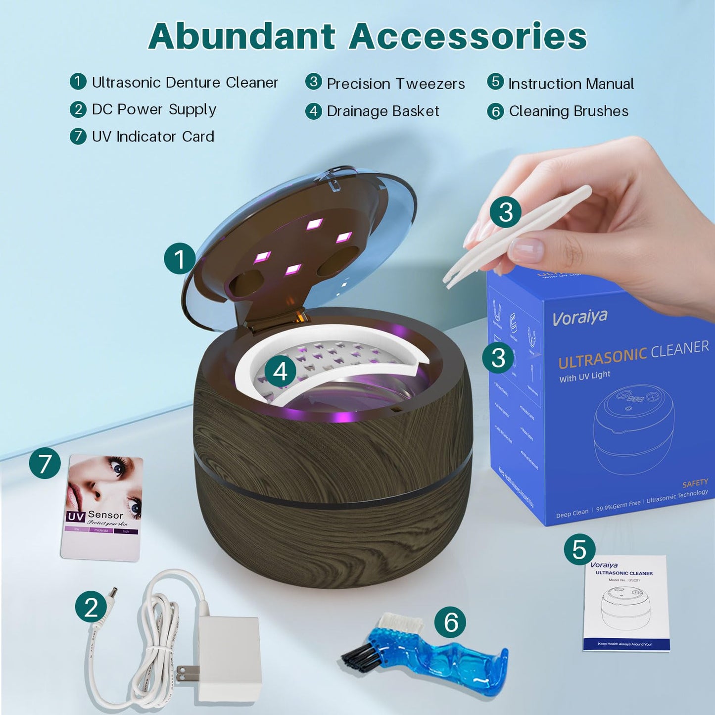 Voraiya Dental Ultrasonic Retainer Cleaner Machine — 45kHz Denture Cleaning Pod, 4 Modes, Digital Timer